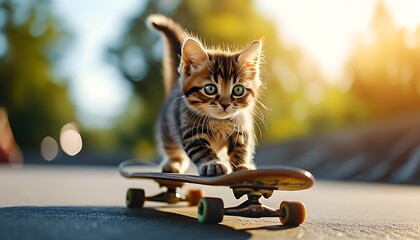 Wall Mural - Playful kitten skateboarding on a sunny summer day with a whimsical blurred backdrop