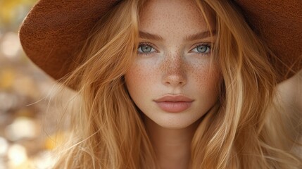 A close-up, portrait photograph of a young woman with long reddish-blonde hair, striking blue eyes, and freckles, wearing a brown wide-brimmed hat and set against an autumnal outdoor background