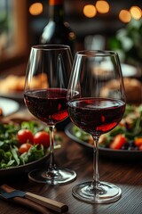 Two glasses of red wine on a wooden table in a restaurant. Glasses of wine and appetizers on table in restaurant, closeup.