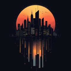 Poster - A stylized city skyline against a vibrant sunset backdrop.