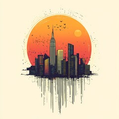 Sticker - A stylized city skyline at sunset with vibrant colors.