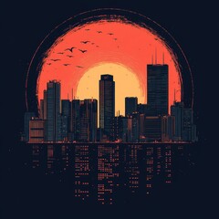 Poster - A stylized city skyline at sunset with vibrant colors.