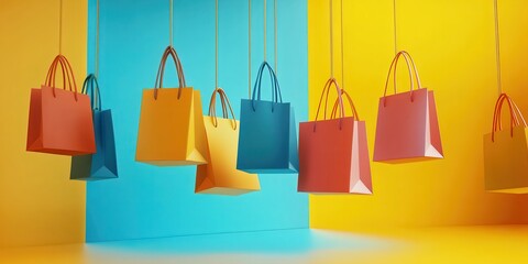 mockup 3d render several shopping, bags floating on flow with blue and ping and yellow background, copy space