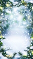 Sticker - Merry Christmas and Happy New Year holiday poster banner. Xmas border frame. Glittering Christmas ornaments and twinkling lights on a snowy pine tree soft falling snow creating a magical winter scene.