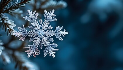 Intricate snowflake design on deep blue background for festive greeting cards and winter-themed decorations