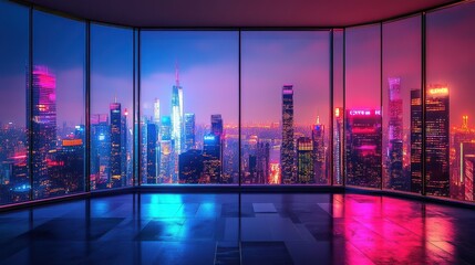 Wall Mural - Modern podium with a view of a bustling city skyline, skyscrapers and neon lights, night scene