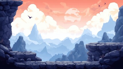 2D platformer game mountain level with rocky terrain, cliffs, and atmospheric elements for adventurous gameplay.