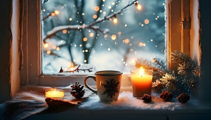 Wall Mural - Cozy winter morning scene from a window featuring candles and coffee cups, perfect for Christmas and New Year greeting cards or festive banners