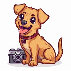 Cartoon style happy dog icon holding photocamera on white background, cute pet photography concept