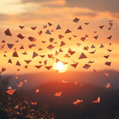 Sticker - A sunset scene with paper planes flying through the sky.