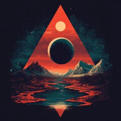 Poster - A surreal landscape featuring a cosmic scene with mountains and water.