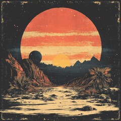 Wall Mural - A surreal landscape featuring a large sun and distant mountains.