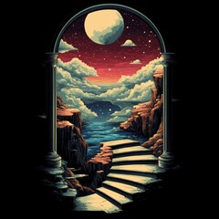 Sticker - A surreal landscape featuring a moonlit scene through an archway.