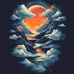 Wall Mural - A surreal landscape with clouds, a river, and a large planet.