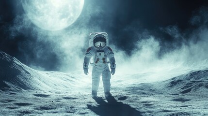 A brave astronaut walks across the surface of the moon, capturing the sense of exploration and adventure in outer space