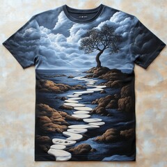 Wall Mural - A surreal t-shirt design featuring a tree and a winding path over water.