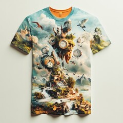 Sticker - A surreal t-shirt design featuring clocks, nature, and flying creatures.