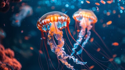 Captivating sight of radiant red jellyfish gracefully swimming in a vibrant aquarium environment