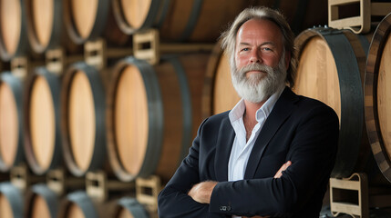 sophisticated portrait of the wine business owner standing confidently in front of a backdrop of aging barrels. The owner should be dressed in elegant, vintage attire, reflecting t