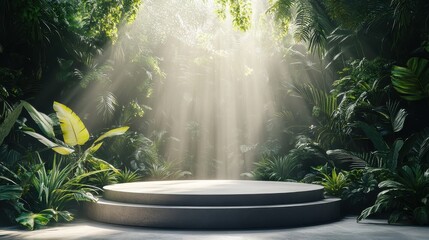 Podium in a tropical rainforest, dense foliage, exotic plants, warm sunlight