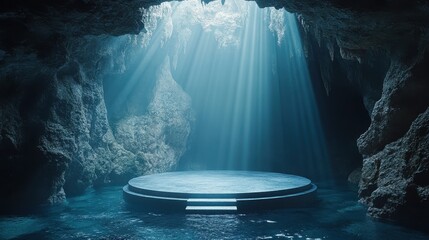 Poster - Podium in an underwater cave, illuminated by natural light, surreal mood