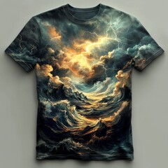 Sticker - A t-shirt design featuring dramatic waves and lightning in the sky.