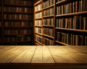 Canvas Print - Wooden surface with bookshelves blurry background