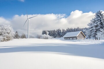 Canvas Print - Wind Turbine and Cabin in a Snowy Landscape.