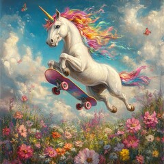 Sticker - A unicorn skateboarding through a vibrant flower field under a blue sky.