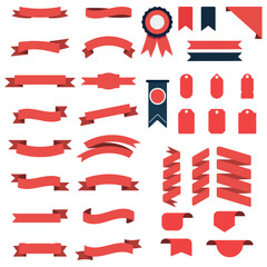 a collection of various banners with red ribbons