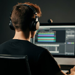 Canvas Print - back view of a young man wearing headphones in front of computer at night, professional video editting or streaming