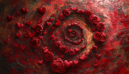 Poster - A vibrant arrangement of red roses and hearts in a spiral design.