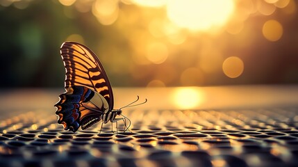 Wall Mural - Butterfly is resting on a metal grate, with a beautiful bokeh background and warm sunlight 