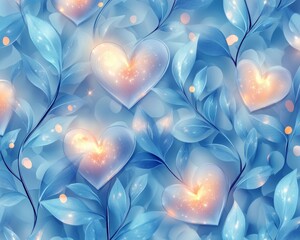 Poster - A vibrant blue pattern featuring glowing hearts and leaves.