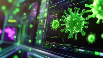 Poster - A computer screen highlights a vibrant green cell, representing biotechnology or genetic research breakthroughs.