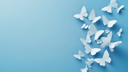 Wall Mural - Delicate white paper butterflies forming a dynamic arrangement on a serene blue background 