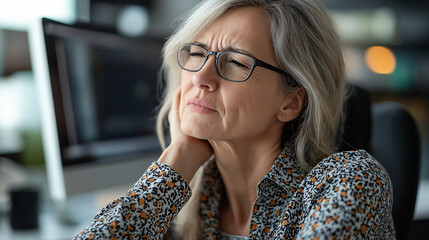 A middle aged woman is massaging her stiff neck while sitting at her desk, showing signs of discomfort and stress. This image captures struggle of managing work related tension and need for self care