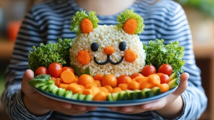 Prompt 6: Overweight child holding a plate of food art shaped like a cute animal, all made from fresh vegetables, encouraging fun and healthy eating