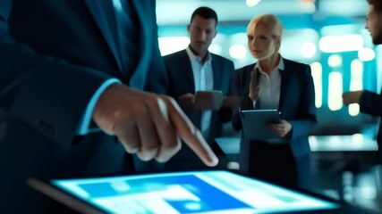 Fototapete - Close-up of businessman using a tablet with financial charts in a meeting room. Teamwork and corporate strategy.