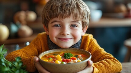 Prompt 10: A smiling fat boy holding a bowl of colorful vegetable soup, with food art on the table creating a playful sea scene, highlighting the fun in healthy meals