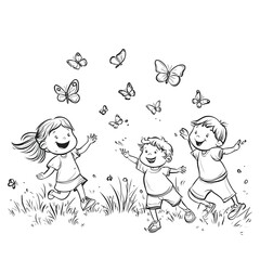 Canvas Print - Playful Children Chasing Butterflies in Simple Outline Illustration on white background