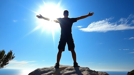 Person Standing on a Rock With Arms Outstretched Against a Bright Sunlit Sky at a Scenic Outdoor Location