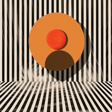 A Black And White Striped Room With A Orange Circle And A Red Circle, a high resolution AI illustration