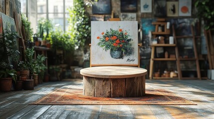 Rustic wooden podium in a cozy art studio, handmade crafts, natural light