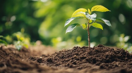 Aufkleber - A close-up of a young tree being planted in a garden with a focus on the root system and soil preparation, set against a clean, natural backdrop.