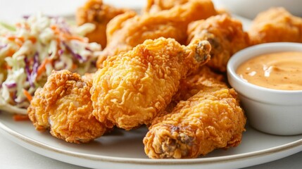 Canvas Print - A close-up of crispy, golden-brown fried chicken pieces arranged on a plate, with a side of coleslaw and dipping sauce, capturing the delicious crunch.