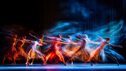 Poster - Motion blur of dancers on stage creates an ethereal effect, showcasing artistic movement and expressive choreography