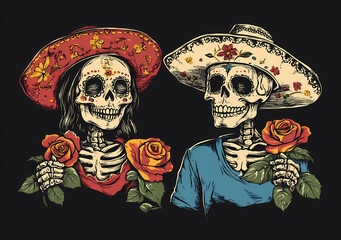 Two cute skulls wearing sombrero hats woman and man, one holding roses, vector graphics for t-shirt design, on a black background