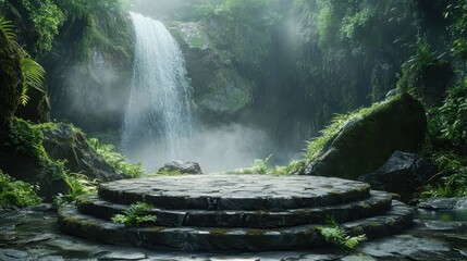 Poster - Stone podium by a cascading waterfall, lush greenery, mist rising