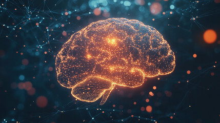 Poster - Human brain with neural connections. Human brain hologram. Brain anatomy. Human brain animation. Medical science background. Artificial Intelligence. Futuristic and high-tech background.